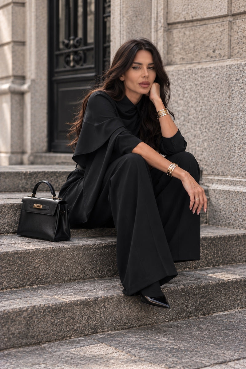 Replica black draped outfit editorial