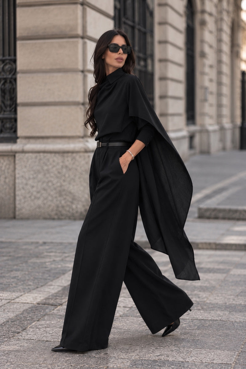 Replica black draped outfit walking view