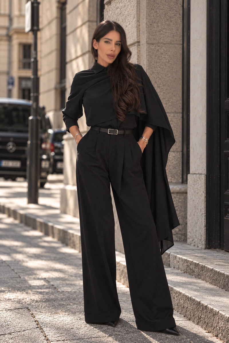 Replica black draped outfit street editorial