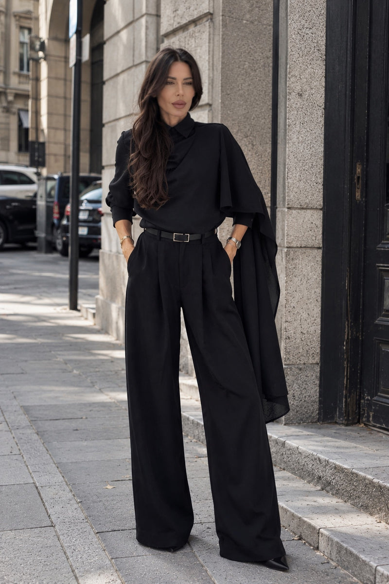 Replica black draped outfit front view